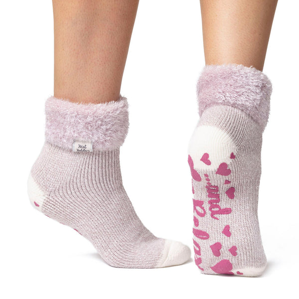 Chaussettes de détente originales pour dames avec haut en plumes - Mauve et crème