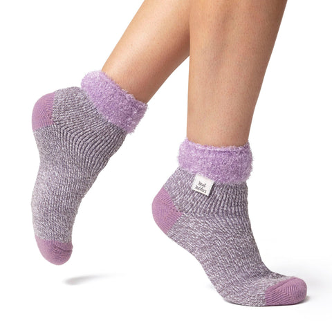 Chaussettes de nuit originales pour dames avec dessus en plumes - Lilas et gris