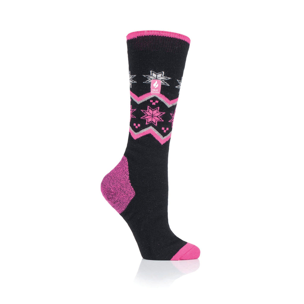 Ladies Ultra Lite Long Ski Socks - Black & Pink Fairisle – Heat